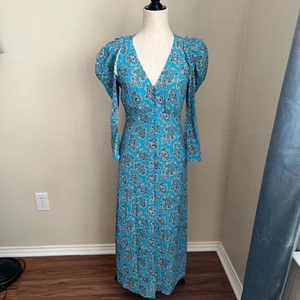 J Crew Blue Paisley Farmhouse Style Buttoned Front Maxi Dress Puffy Sleeves 00